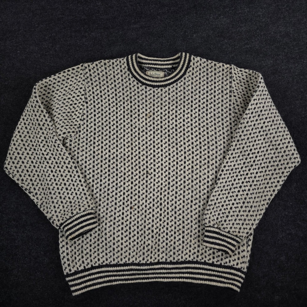 Vtg LL Bean Birdseye Wool Sweater Norwegian Navy Cream Grandpa Layer Men's Large